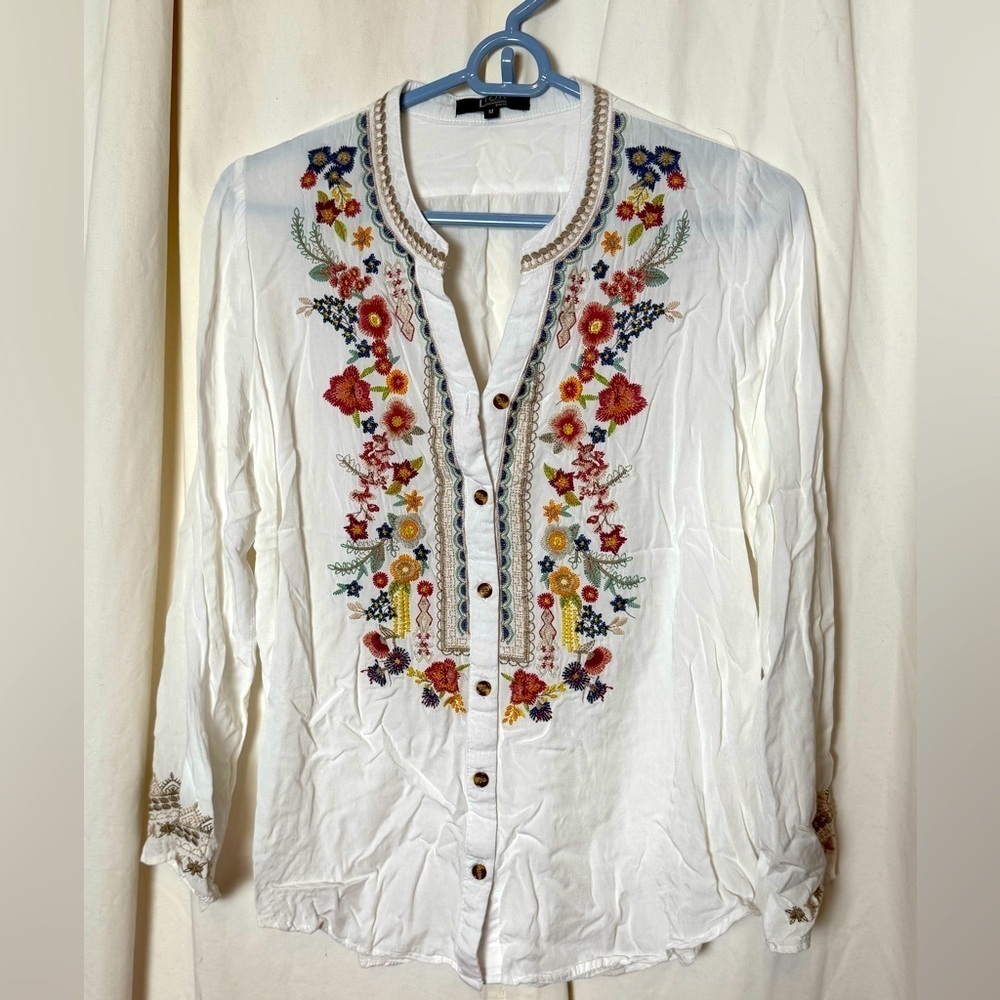 Lior Paris Women's Sz M 100% Rayon Embroidered‎ Boho Hippie Floral Sheer Blouse